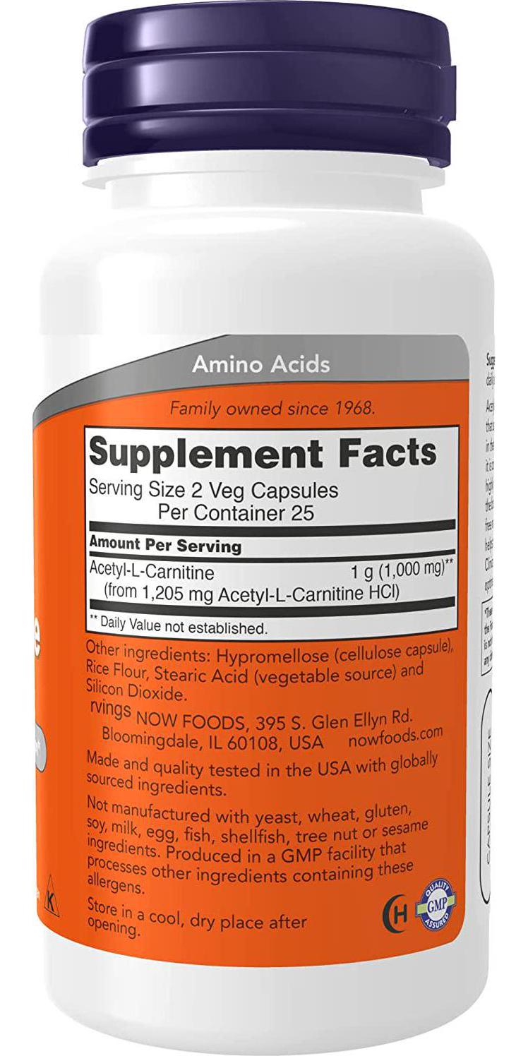 NOW Supplements, Acetyl-L Carnitine 500 mg, Amino Acid, Brain And Nerve Cell Function*, 50 Veg Capsules