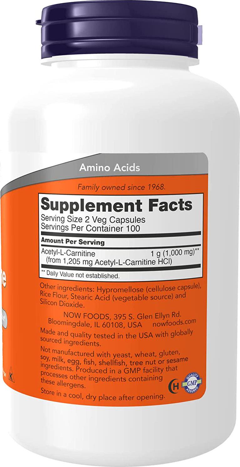 NOW Supplements, Acetyl-L Carnitine 500 mg, Amino Acid, Brain And Nerve Cell Function*, 200 Veg Capsules