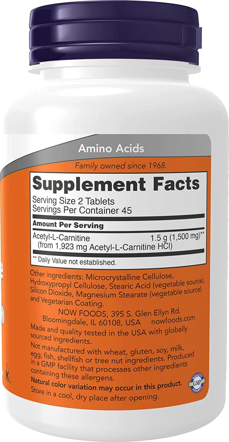 NOW Supplements, Acetyl-L-Carnitine 750 mg, Amino Acid, Brain And Nerve Cell Function*, 90 Tablets