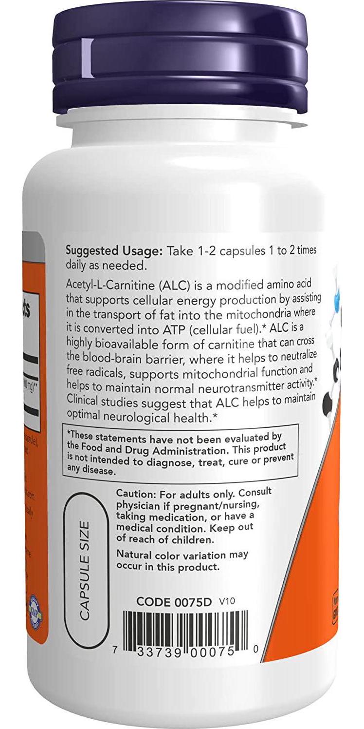 NOW Supplements, Acetyl-L Carnitine 500 mg, Amino Acid, Brain And Nerve Cell Function*, 50 Veg Capsules