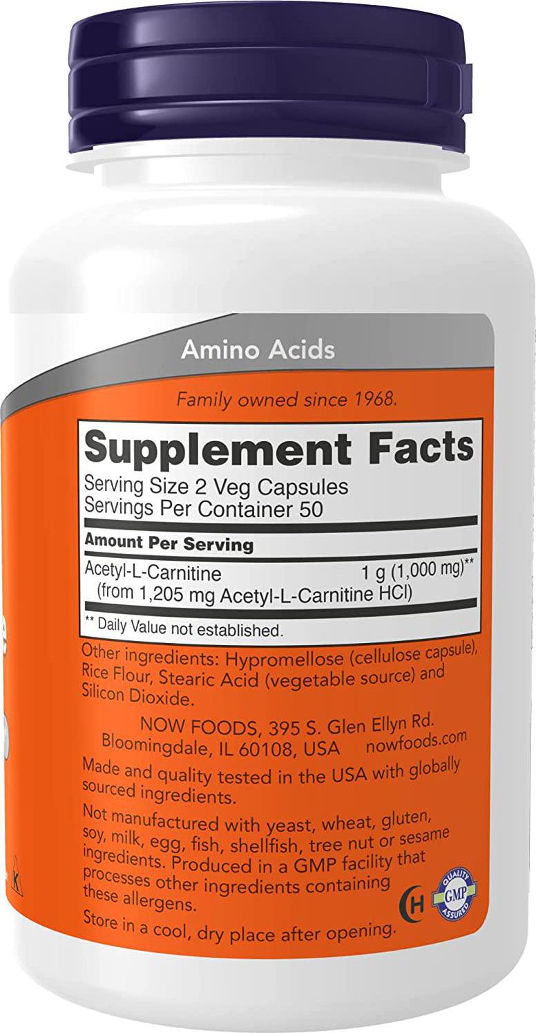 NOW Supplements, Acetyl-L Carnitine 500 mg, Amino Acid, Brain And Nerve Cell Function*, 100 Veg Capsules