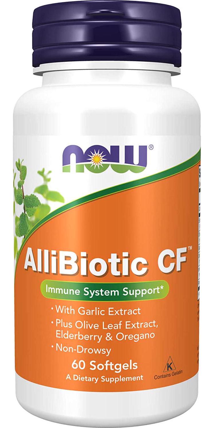 NOW Supplements, AlliBiotic CF , with Garlic Extract, Olive Leaf Extract, Elderberry and Oregano, Non-Drowsy Formula, 60 Softgels