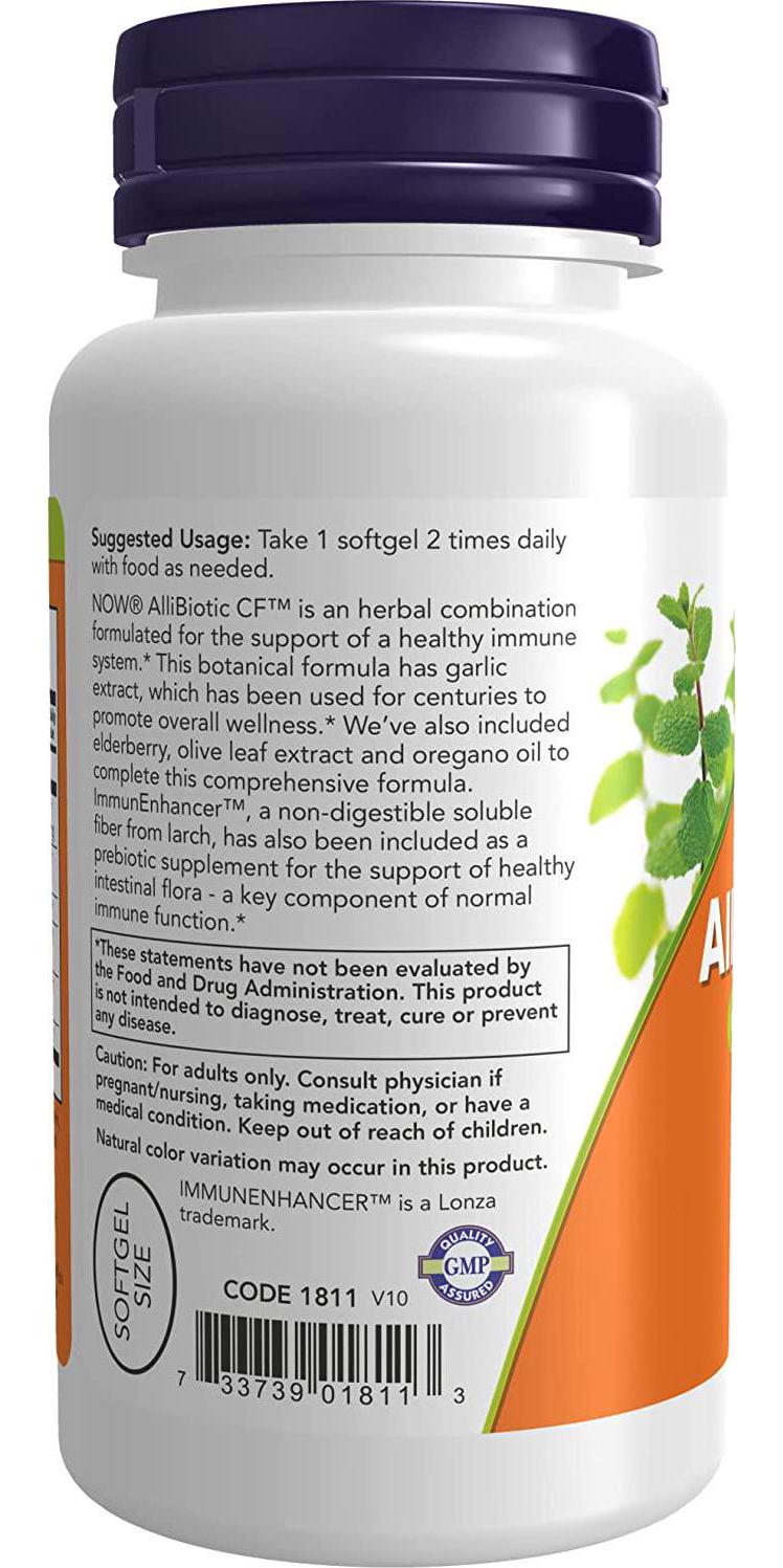 NOW Supplements, AlliBiotic CF , with Garlic Extract, Olive Leaf Extract, Elderberry and Oregano, Non-Drowsy Formula, 60 Softgels