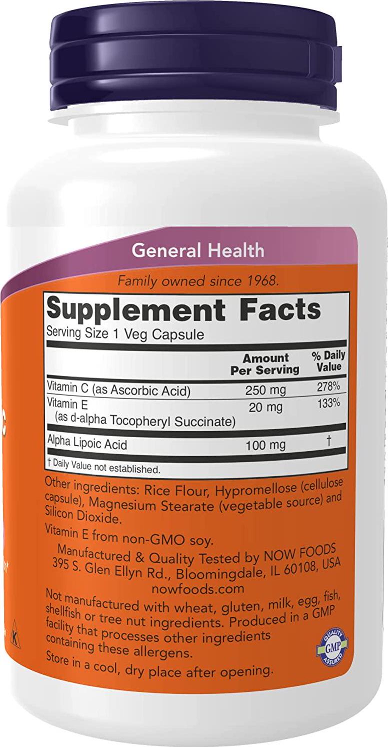 NOW Supplements, Alpha Lipoic Acid 100 mg with Vitamins C and E, Free Radical Scavenger*, 120 Veg Capsules