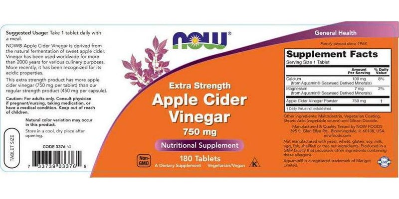 NOW Supplements, Apple Cider Vinegar 750 mg, from Fermentation of Sweet Apple Cider, Extra Strength, 180 Tablets