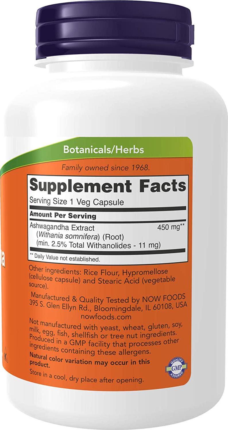 NOW Supplements, Ashwagandha (Withania somnifera)450 mg (Standardized Extract), 180 Veg Capsules