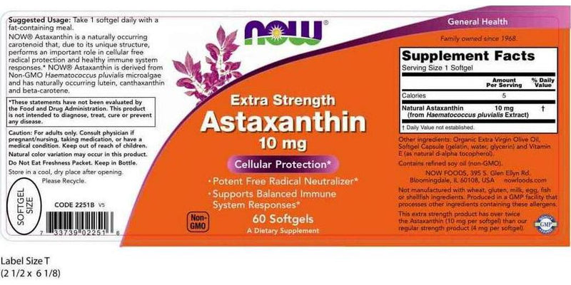 NOW Supplements, Astaxanthin 10mg, Extra Strength,derived from Non-GMO Haematococcus Pluvialis Microalgae and has naturally occurring Lutein, Canthaxanthin and Beta-Carotene, 60 Softgels