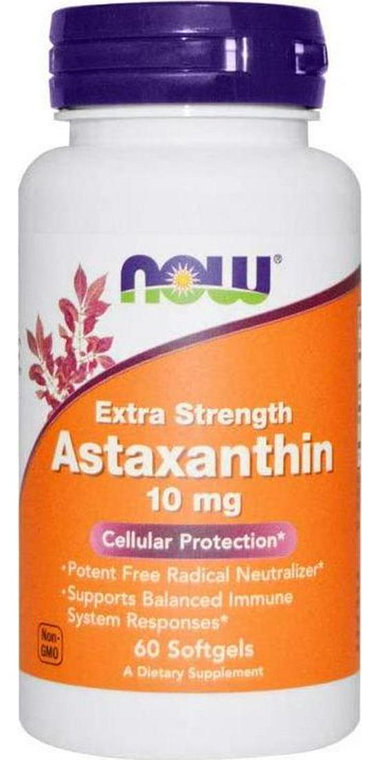 NOW Supplements, Astaxanthin 10mg, Extra Strength,derived from Non-GMO Haematococcus Pluvialis Microalgae and has naturally occurring Lutein, Canthaxanthin and Beta-Carotene, 60 Softgels