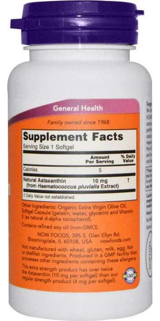 NOW Supplements, Astaxanthin 10mg, Extra Strength,derived from Non-GMO Haematococcus Pluvialis Microalgae and has naturally occurring Lutein, Canthaxanthin and Beta-Carotene, 60 Softgels