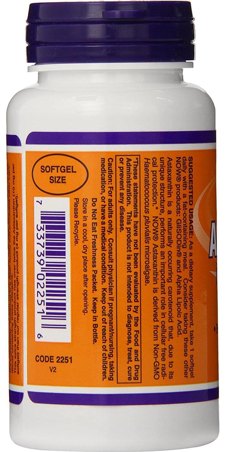 NOW Supplements, Astaxanthin 10mg, Extra Strength,derived from Non-GMO Haematococcus Pluvialis Microalgae and has naturally occurring Lutein, Canthaxanthin and Beta-Carotene, 60 Softgels