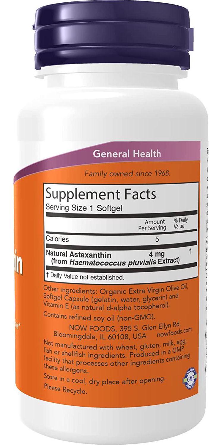 NOW Supplements, Astaxanthin 4 mg derived from Non-GMO Haematococcus Pluvialis Microalgae and has naturally occurring Lutein, Canthaxanthin and Beta-Carotene, 90 Softgels