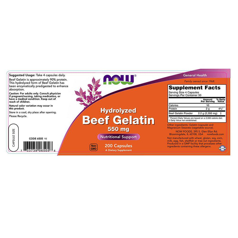 NOW Supplements, Beef Gelatin 550 mg, Hydrolyzed, Nutritional Support, 200 Capsules