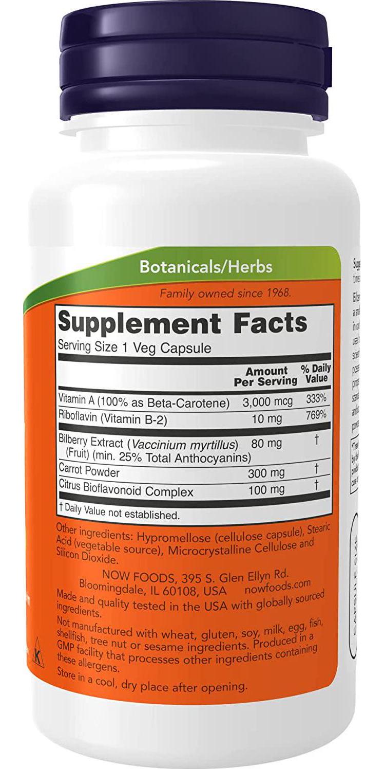 NOW Supplements, Bilberry (Vaccinium myrtillus)Complex 80 mg with Beta-Carotene and Riboflavin, 100 Veg Capsules