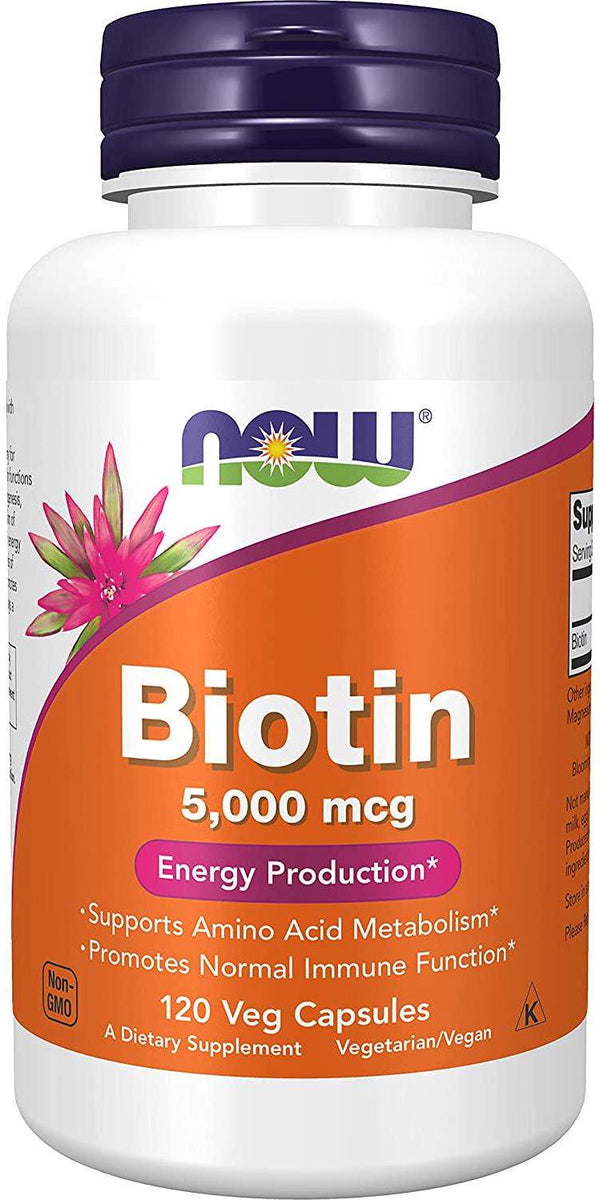 NOW Supplements, Biotin 5,000 mcg, Amino Acid Metabolism*, Energy Production*, 120 Veg Capsules