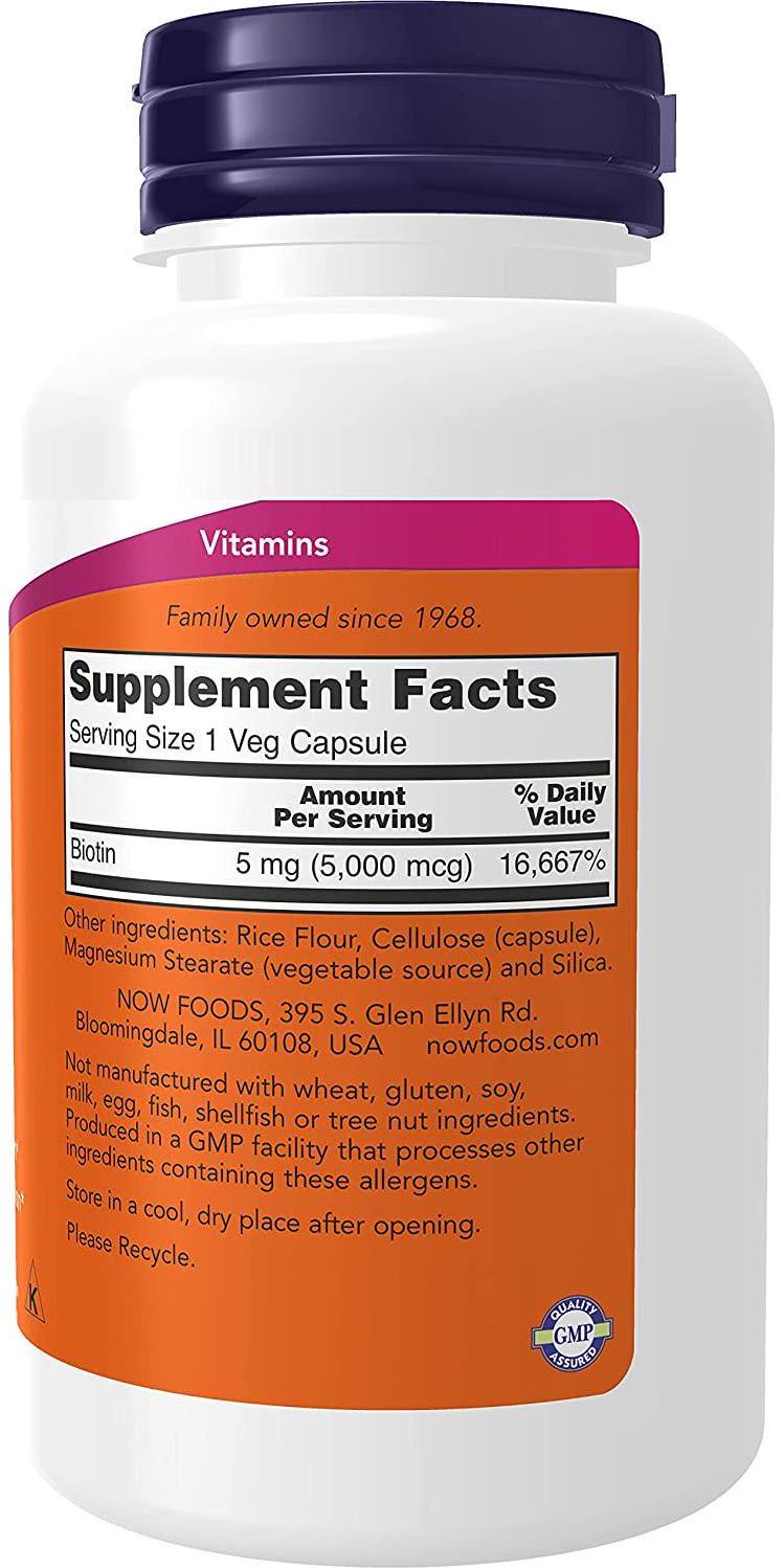 NOW Supplements, Biotin 5,000 mcg, Amino Acid Metabolism*, Energy Production*, 120 Veg Capsules