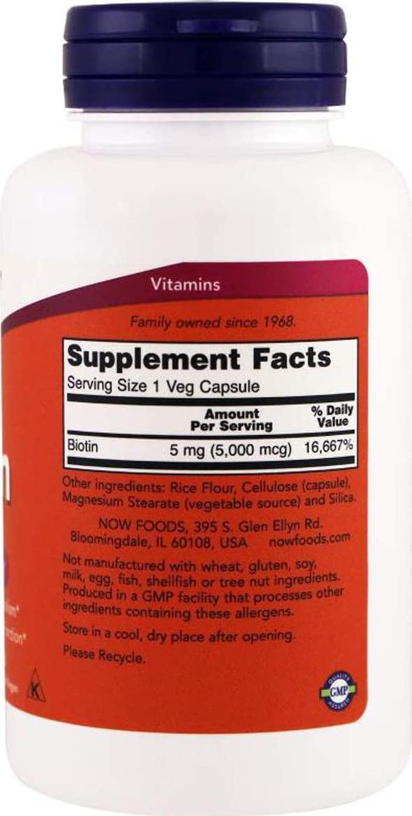 NOW Supplements, Biotin 5,000 mcg, Amino Acid Metabolism*, Energy Production*, 120 Veg Capsules