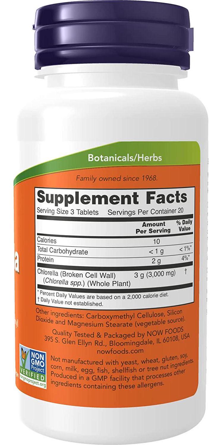 NOW Supplements, Chlorella 1000 mg with naturally occurring Chlorophyll, Beta-Carotene, mixed Carotenoids, Vitamin C, Iron and Protein, 60 Tablets