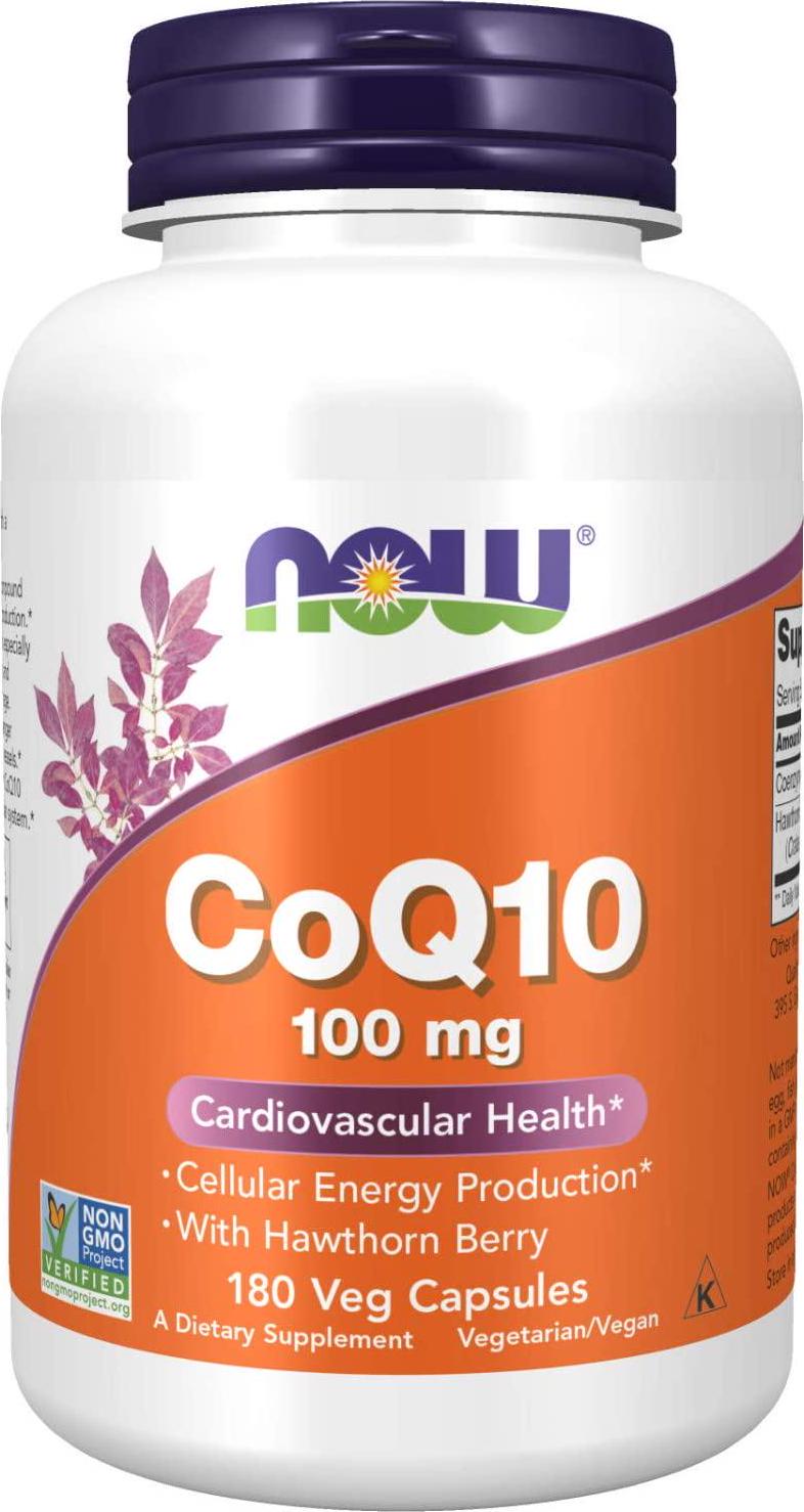 NOW Supplements, CoQ10 100 mg with Hawthorn Berry, Pharmaceutical Grade, All-Trans Form produced by Fermentation, 180 Veg Capsules