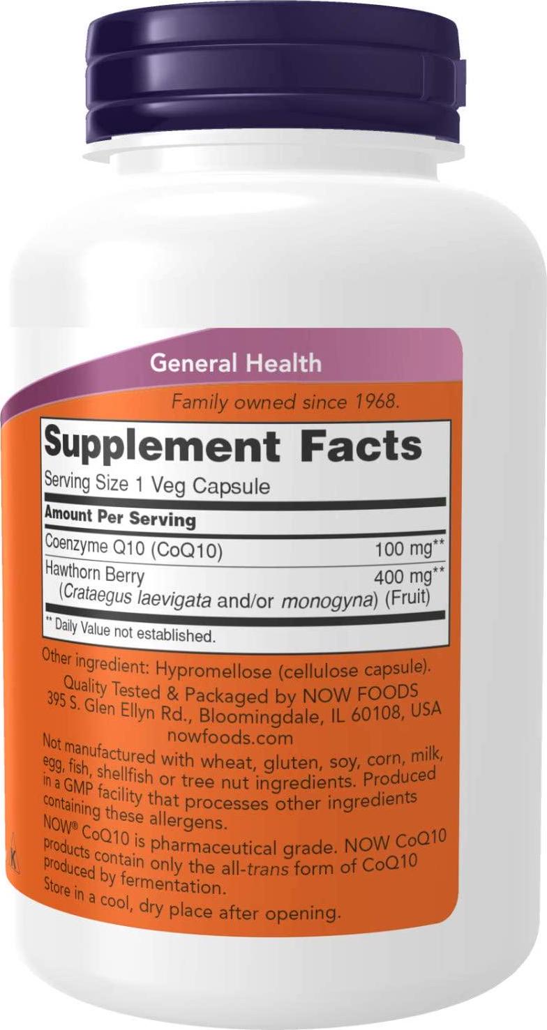 NOW Supplements, CoQ10 100 mg with Hawthorn Berry, Pharmaceutical Grade, All-Trans Form produced by Fermentation, 180 Veg Capsules