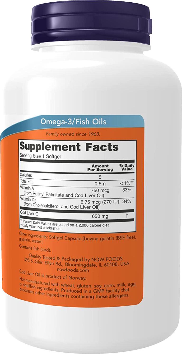 NOW Supplements, Cod Liver Oil 650 mg, Excellent Source of Vitamins A and D-3, 250 Softgels