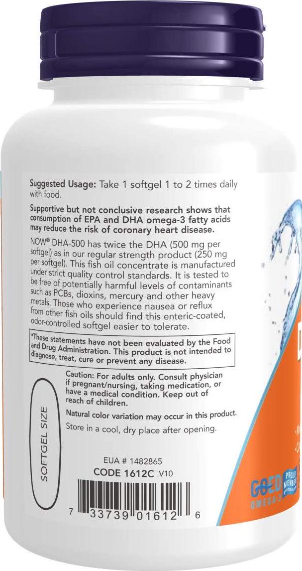 NOW Supplements, DHA-500 with 250 EPA, Molecularly Distilled, Supports Brain Health*, 90 Softgels