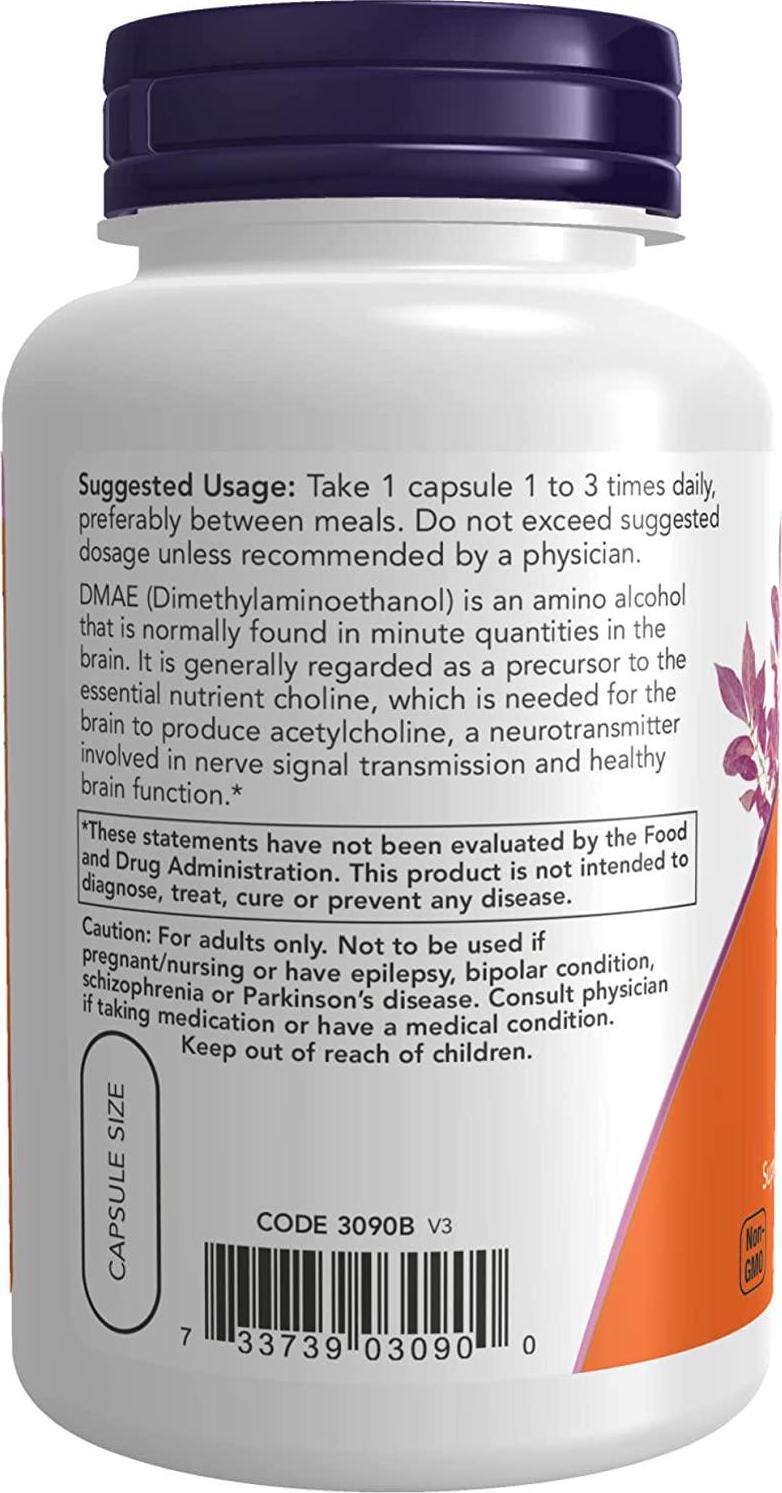 NOW Supplements, DMAE (Dimethylaminoethanol) 250 mg, Healthy Brain Function*, 100 Veg Capsules
