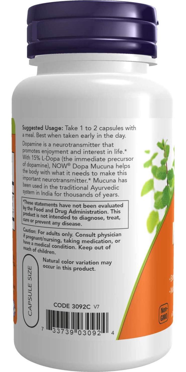 NOW Supplements, DOPA Mucuna, Standardized Mucuna Extract with Naturally Occurring 15% L-Dopa, 90 Veg Capsules