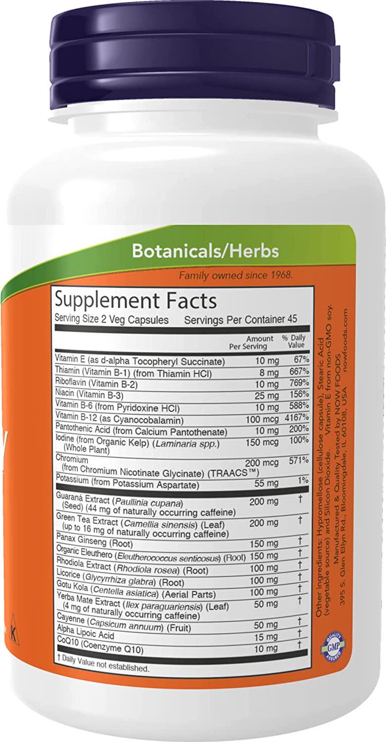 NOW Supplements, Energy Dietary Supplement (lncludes B Vitamins, Green tea, Panax Ginseng and Rhodiola), 90 Capsules