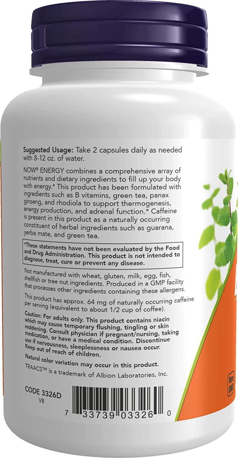 NOW Supplements, Energy Dietary Supplement (lncludes B Vitamins, Green tea, Panax Ginseng and Rhodiola), 90 Capsules