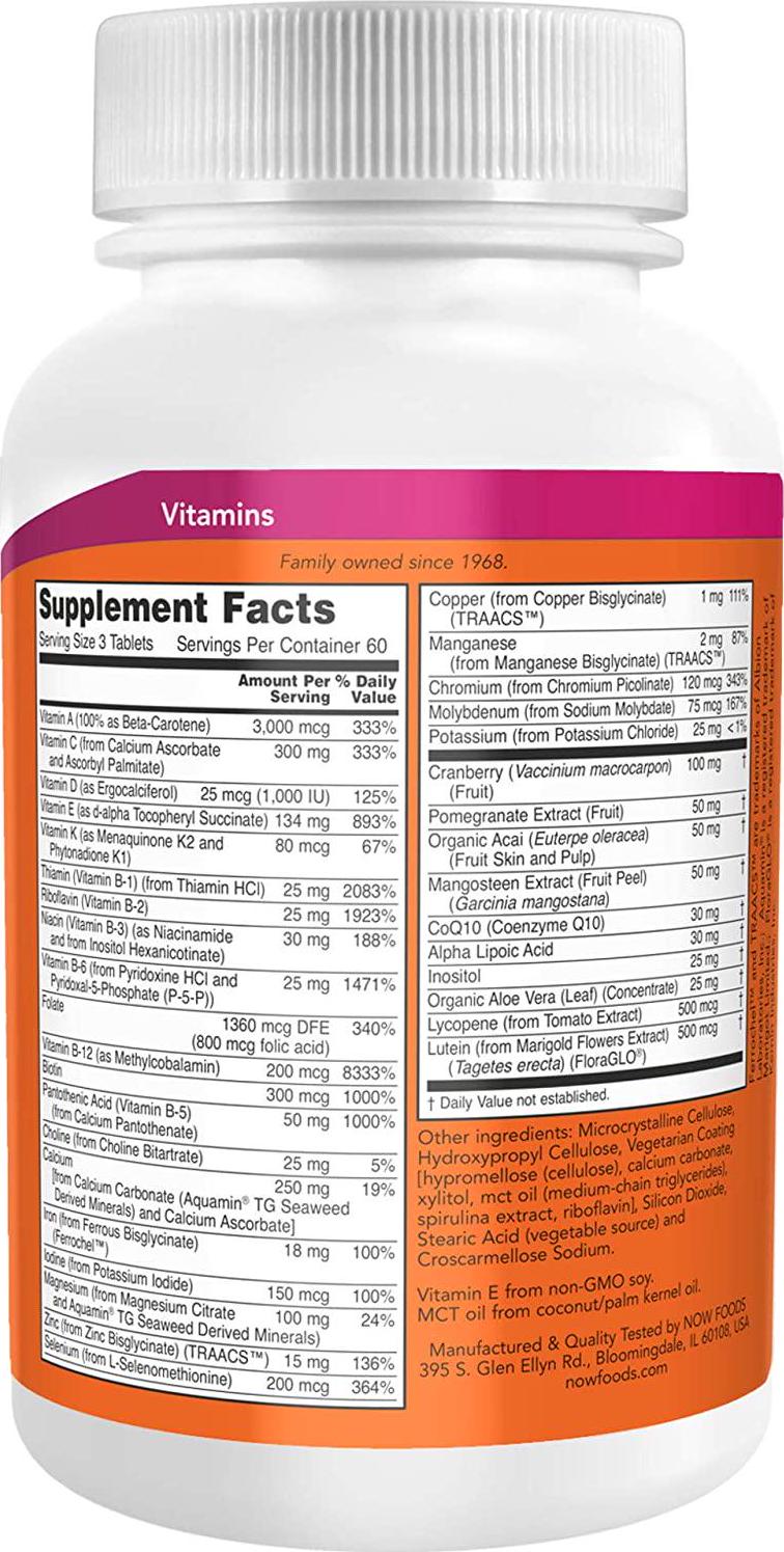 NOW Supplements, Eve Women's Multivitamin with Cranberry, Alpha Lipoic Acid and CoQ10, plus Superfruits - Pomegranate, Acai and Mangosteen, 180 Tablets