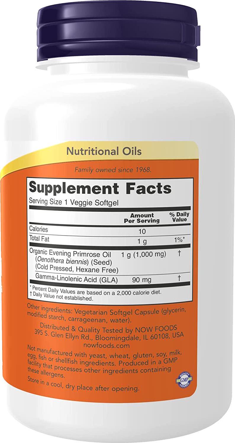 NOW Supplements, Evening Primrose Oil 1000 mg, Cold Pressed, Hexane Free, Vegan Formula, 90 Veg Softgels