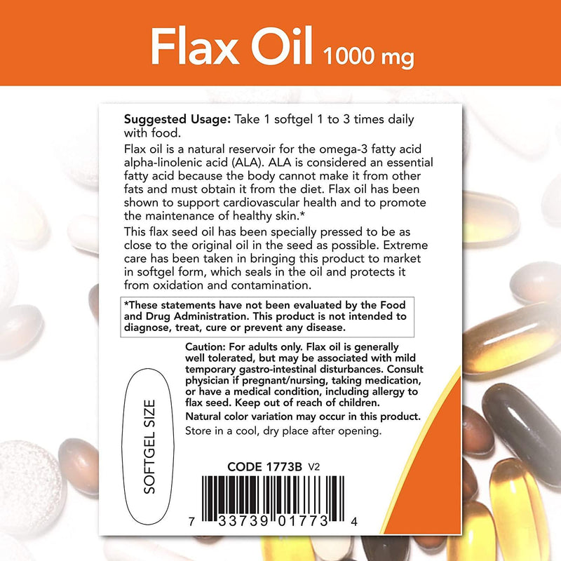 NOW Supplements, Flax Oil 1000 mg with Essential Omega-3s, Cold Pressed, Hexane Free, Vegan Formula, 120 Veg Softgels