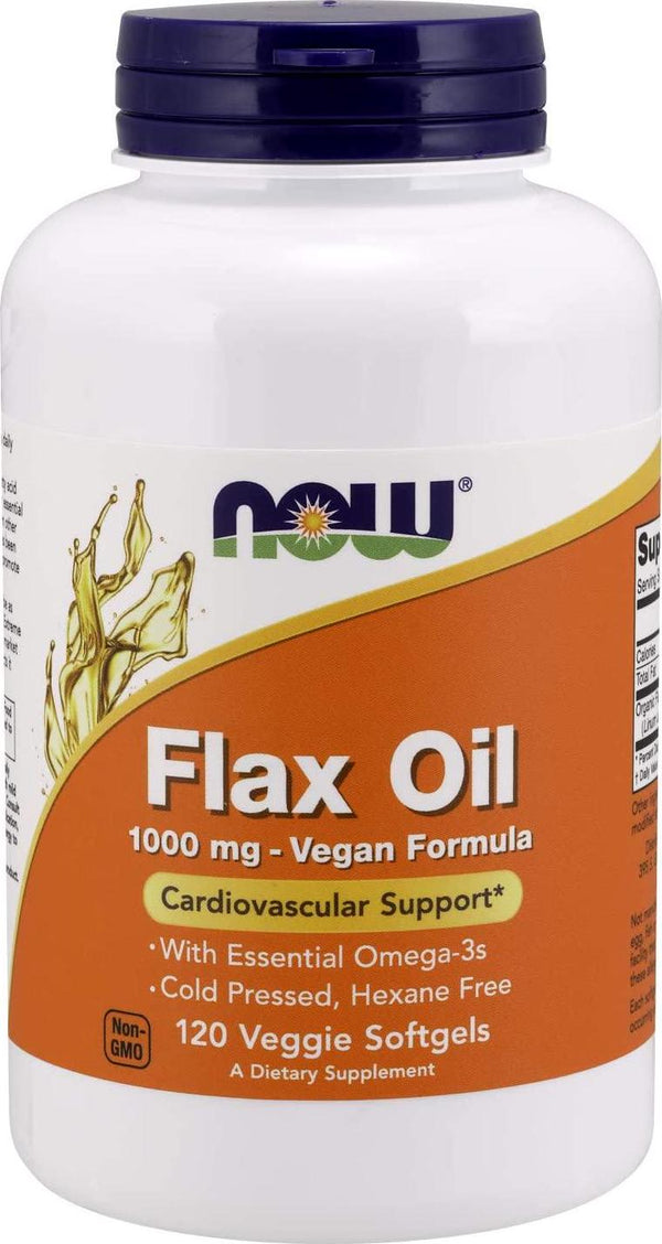 NOW Supplements, Flax Oil 1000 mg with Essential Omega-3s, Cold Pressed, Hexane Free, Vegan Formula, 120 Veg Softgels