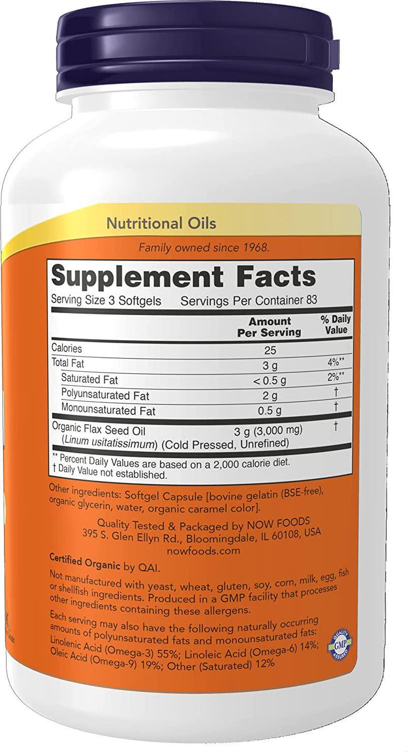 NOW Supplements, Flax Oil 1,000 mg made with Organic Flax Oil, Cardiovascular Support*, 250 Softgels