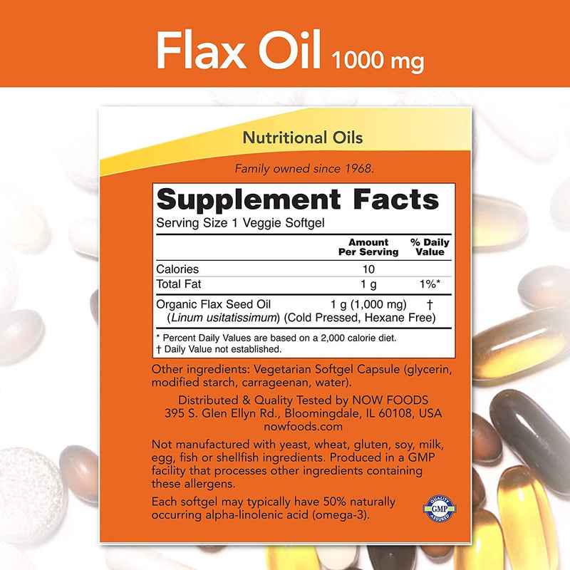 NOW Supplements, Flax Oil 1000 mg with Essential Omega-3s, Cold Pressed, Hexane Free, Vegan Formula, 120 Veg Softgels