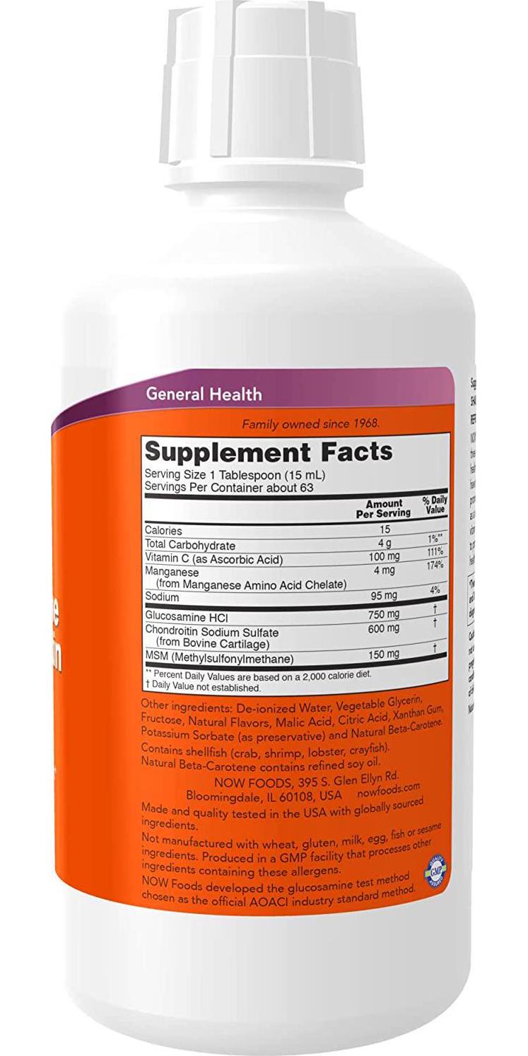 NOW Supplements, Glucosamine and Chondroitin with MSM, Liquid, Joint Health, Mobility and Comfort*, 32-Ounce
