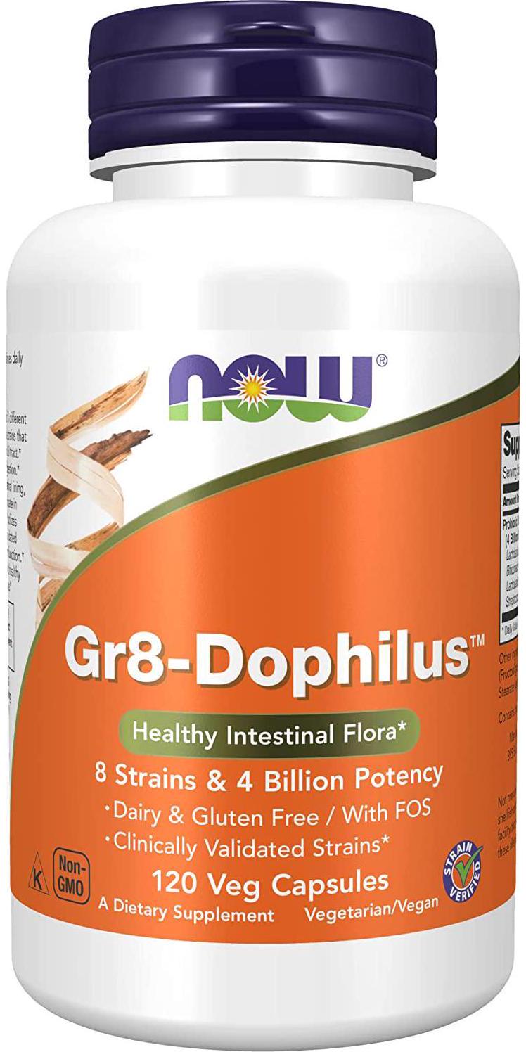 NOW Supplements, Gr8-Dophilus with 8 Strains and 4 Billion Potency, Shelf Stable, 120 Veg Capsules