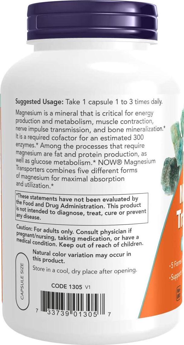 NOW Supplements, Magnesium Transporters with 5 Forms of Magnesium for Optimal Bioavailability, 180 Veg Capsules