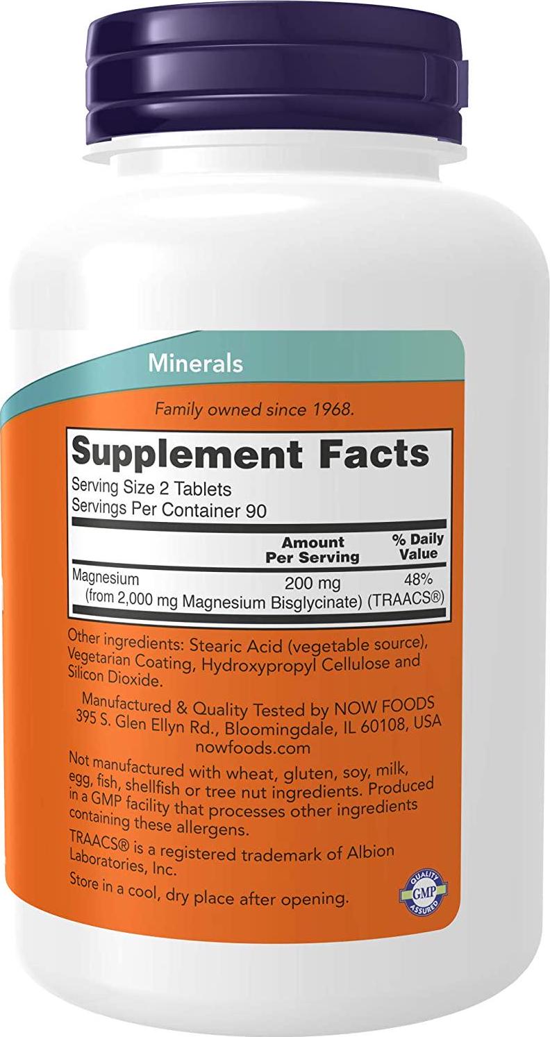 NOW Supplements, Magnesium Glycinate 100 mg, Highly Absorbable Form, 180 Tablets