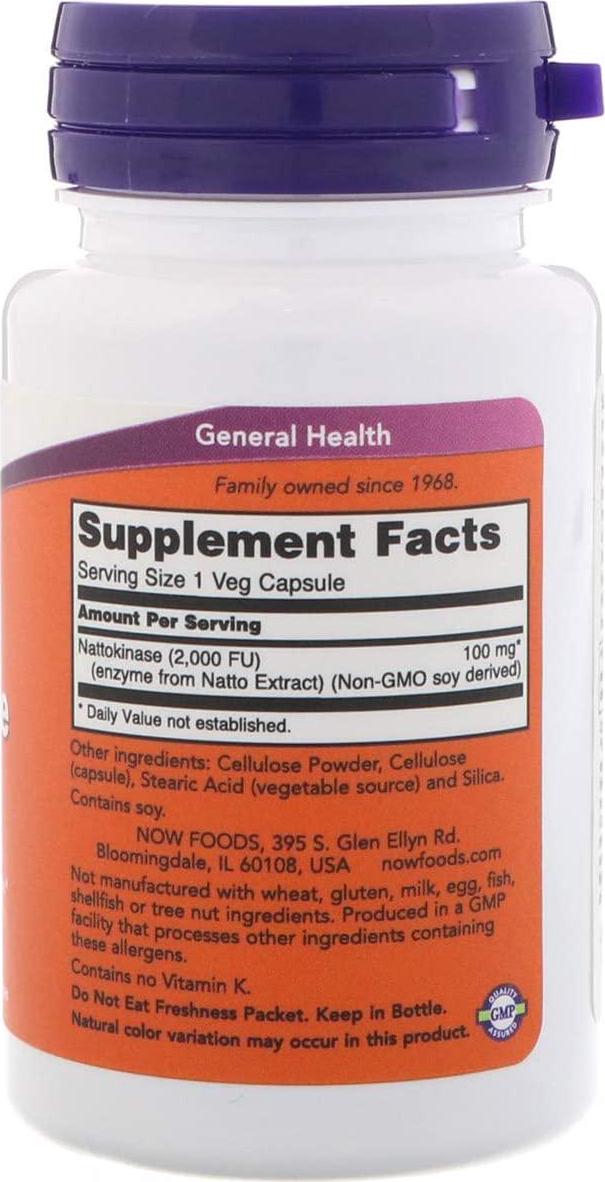 NOW Supplements, Nattokinase 100 mg (from Non-GMO Soy) with 2,000 FUs of Activity, 60 Veg Capsules