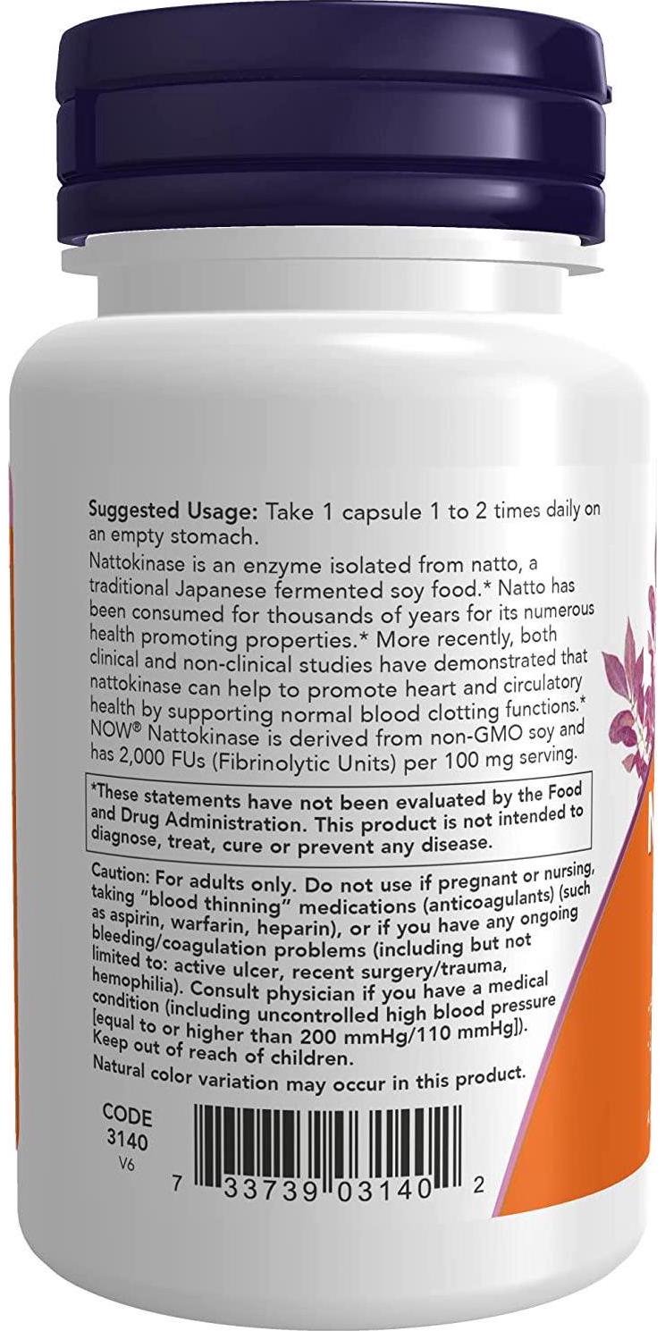 NOW Supplements, Nattokinase 100 mg (from Non-GMO Soy) with 2,000 FUs of Activity, 60 Veg Capsules