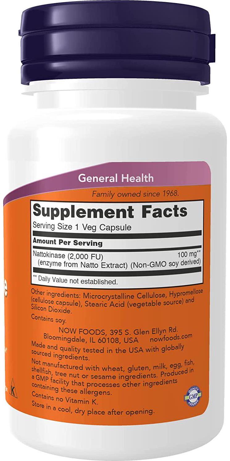 NOW Supplements, Nattokinase 100 mg (from Non-GMO Soy) with 2,000 FUs of Activity, 60 Veg Capsules