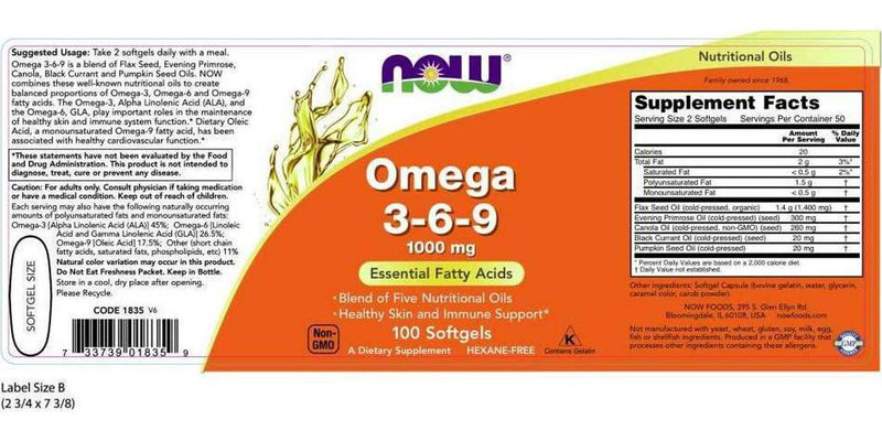 NOW Supplements, Omega 3-6-9 1000 mg with a blend of Flax Seed, Evening Primrose, Canola, Black Currant and Pumpkin Seed Oils, 100 Softgels