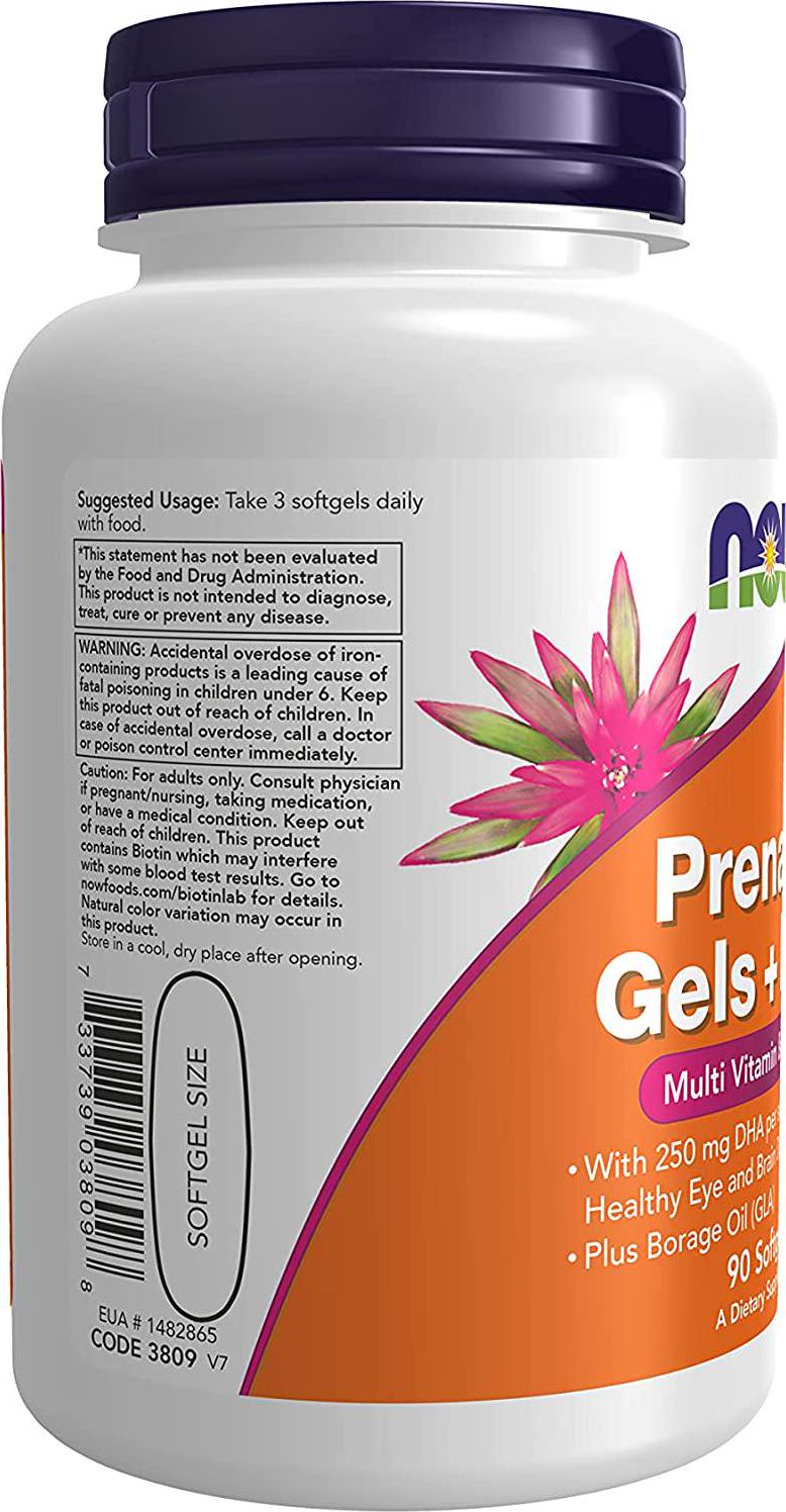 NOW Supplements, Prenatal Gels + DHA with 250 mg DHA per serving, plus Borage Oil (GLA), 90 Softgels