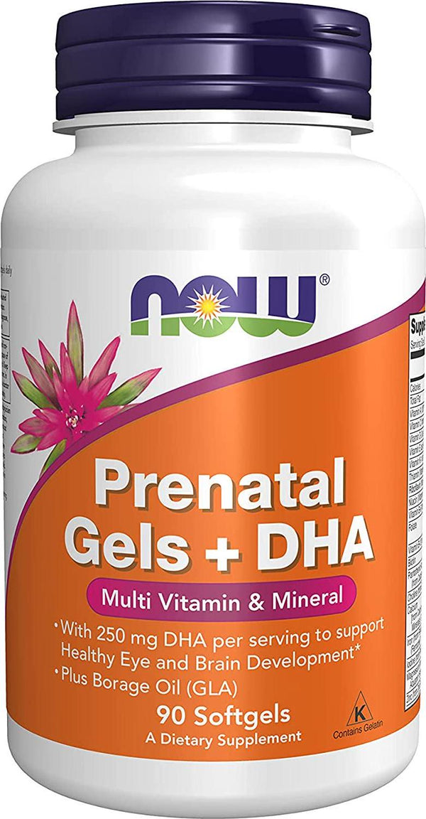 NOW Supplements, Prenatal Gels + DHA with 250 mg DHA per serving, plus Borage Oil (GLA), 90 Softgels