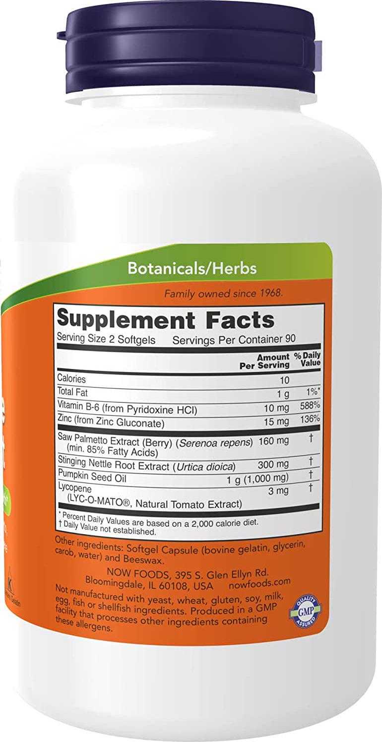 NOW Supplements, Prostate Support, Prostate Support, with Standardized Saw Palmetto, Stinging Nettle and Lycopene, 180 Softgels