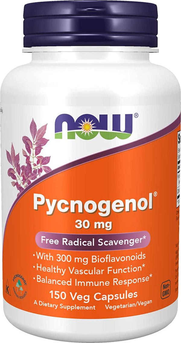 NOW Supplements, Pycnogenol 30 mg (a Unique Combination of Proanthocyanidins from French Maritime Pine) with 300 mg Bioflavonoids, 150 Veg Capsules