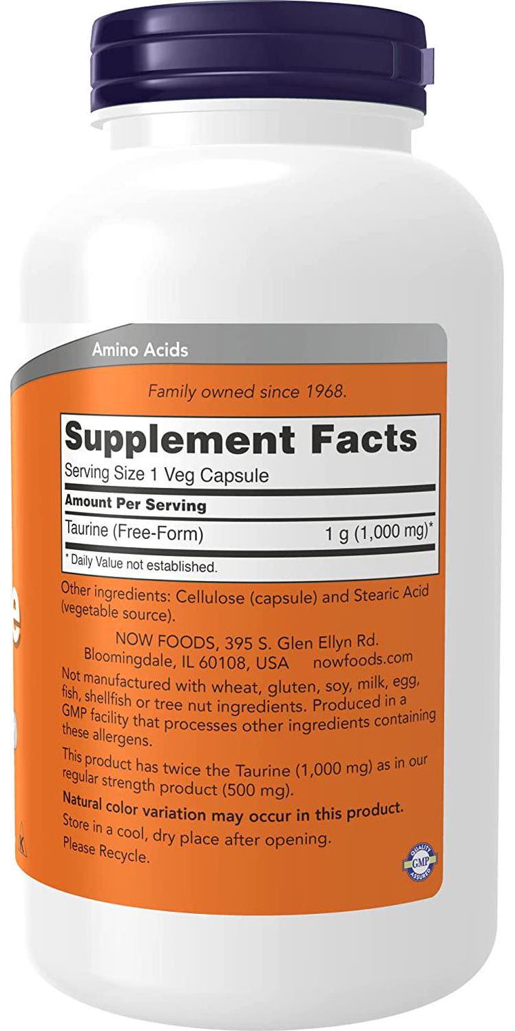 NOW Supplements, Taurine 1,000 mg, Double Strength, Nervous System Health*, 250 Veg Capsules
