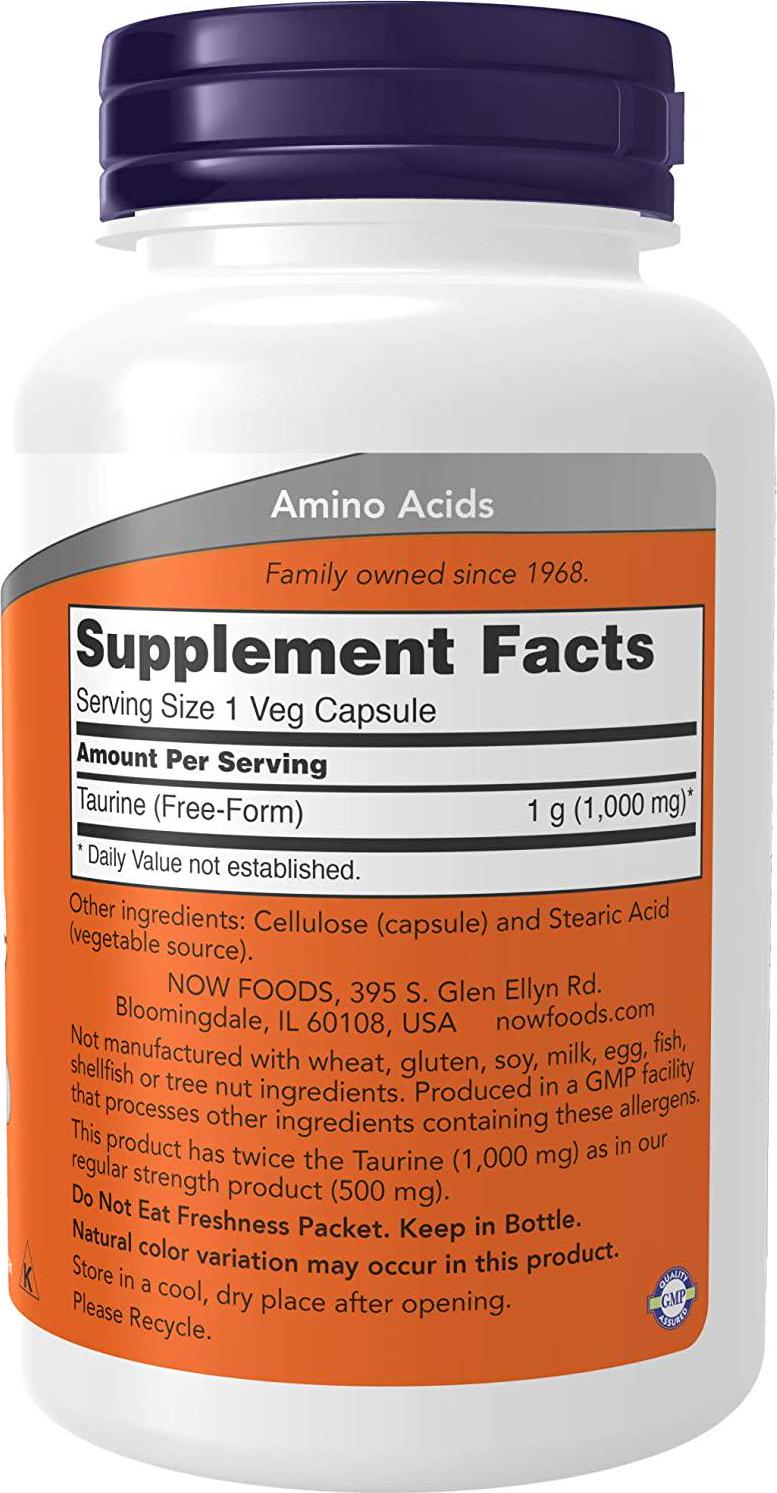NOW Supplements, Taurine 1,000 mg, Double Strength, Nervous System Health*, 100 Veg Capsules