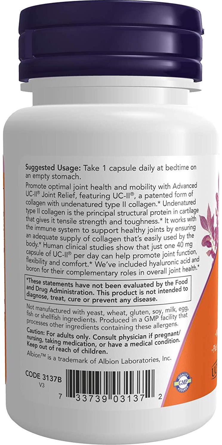 NOW Supplements, UC-II Advanced Joint Relief with Undenatured Type II Collagen, plus Hyaluronic Acid, Boron, Vitamin D-3, 60 Veg Capsules